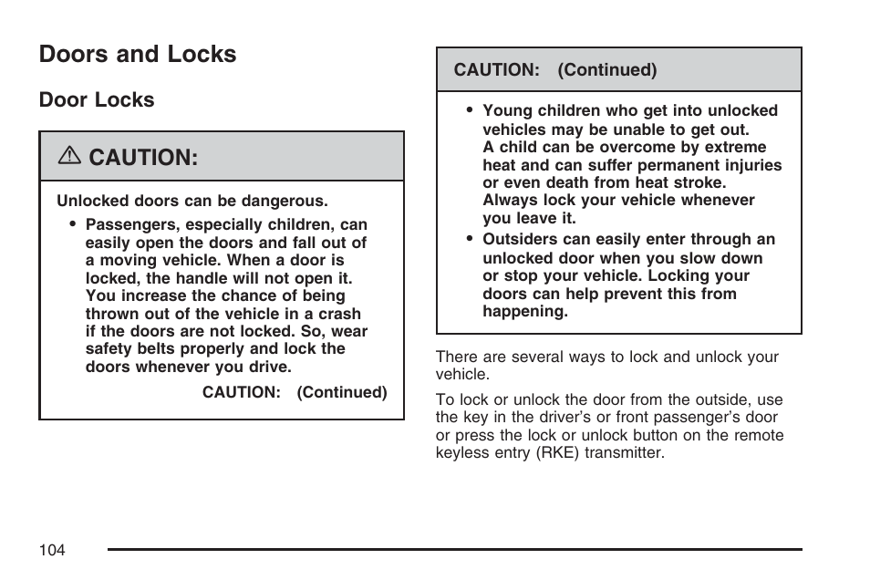 Doors and locks, Door locks, Caution | GMC 2007 Canyon User Manual | Page 104 / 492