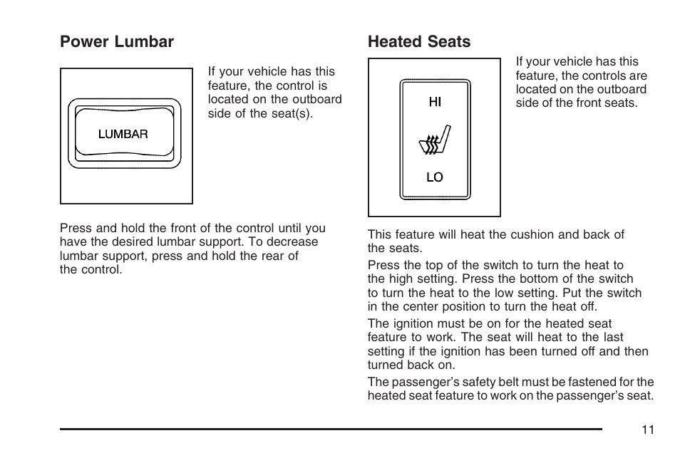 Power lumbar, Heated seats, Power lumbar heated seats | GMC 2007 Canyon User Manual | Page 11 / 492