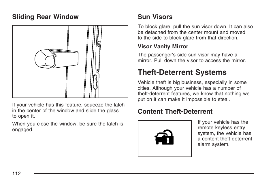 Sliding rear window, Sun visors, Theft-deterrent systems | Content theft-deterrent, Sliding rear window sun visors | GMC 2007 Canyon User Manual | Page 112 / 492
