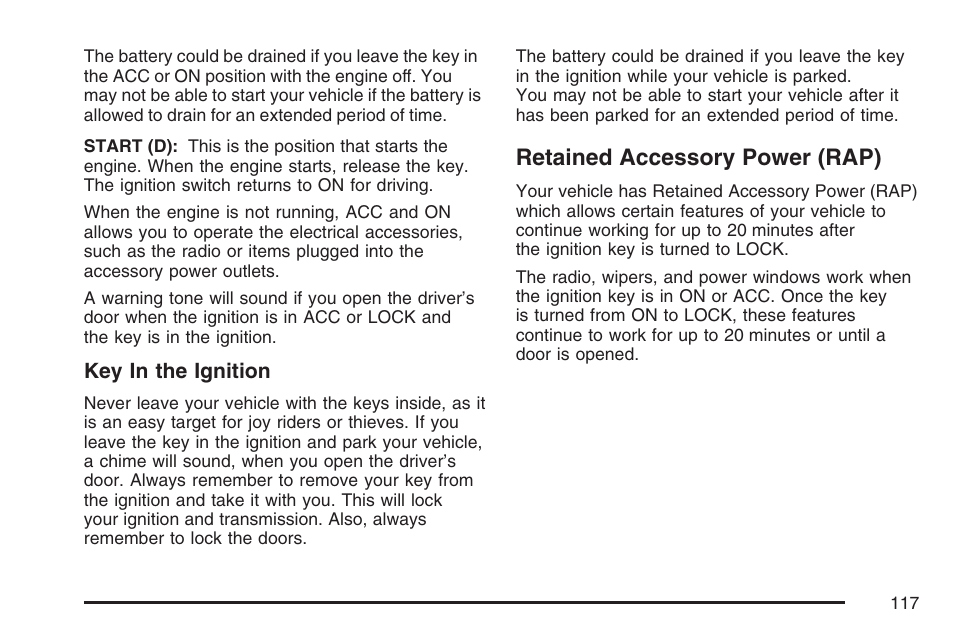 Retained accessory power (rap) | GMC 2007 Canyon User Manual | Page 117 / 492