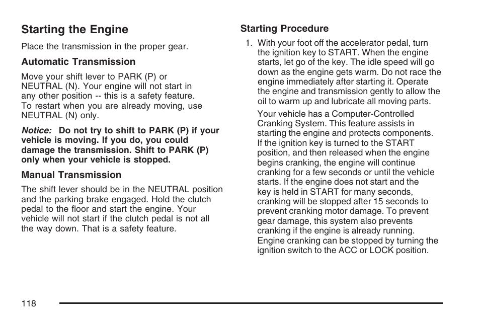 Starting the engine | GMC 2007 Canyon User Manual | Page 118 / 492