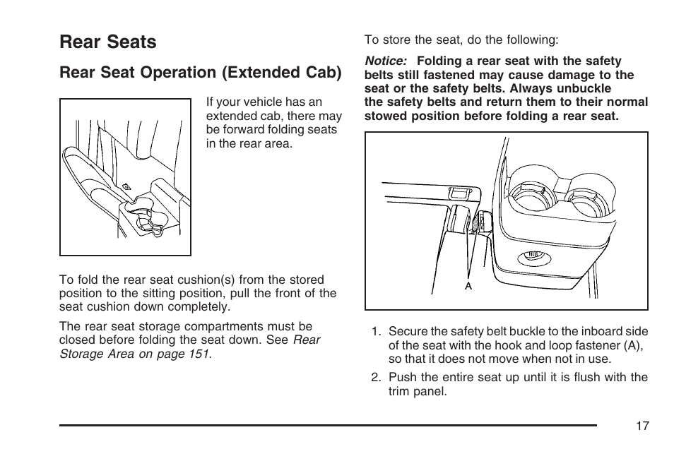 Rear seats, Rear seat operation (extended cab) | GMC 2007 Canyon User Manual | Page 17 / 492