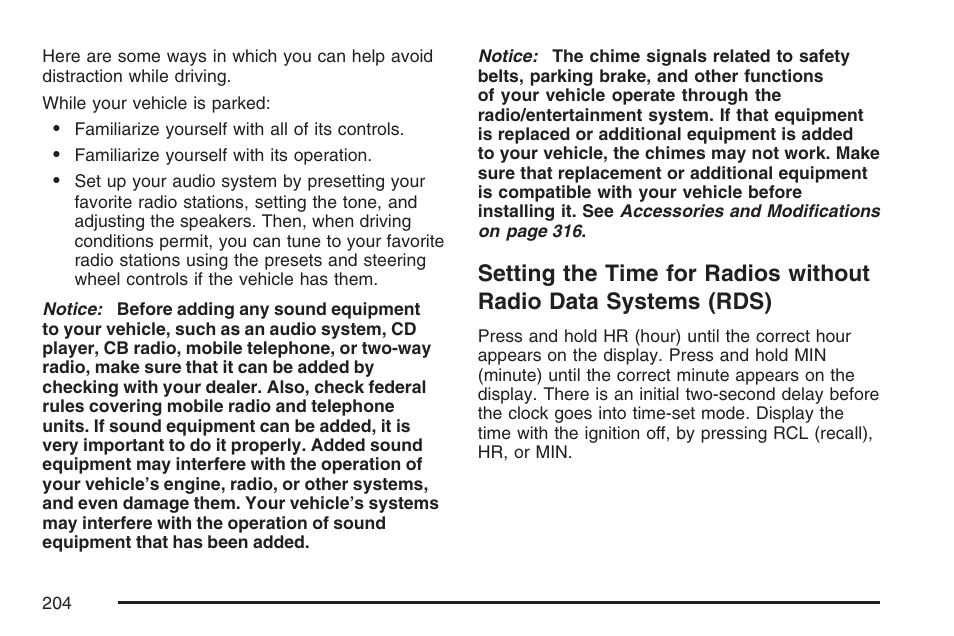 Setting the time for radios without, Radio data systems (rds) | GMC 2007 Canyon User Manual | Page 204 / 492