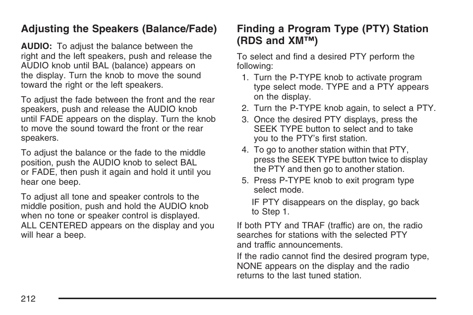 Adjusting the speakers (balance/fade), Finding a program type (pty) station (rds and xm™) | GMC 2007 Canyon User Manual | Page 212 / 492