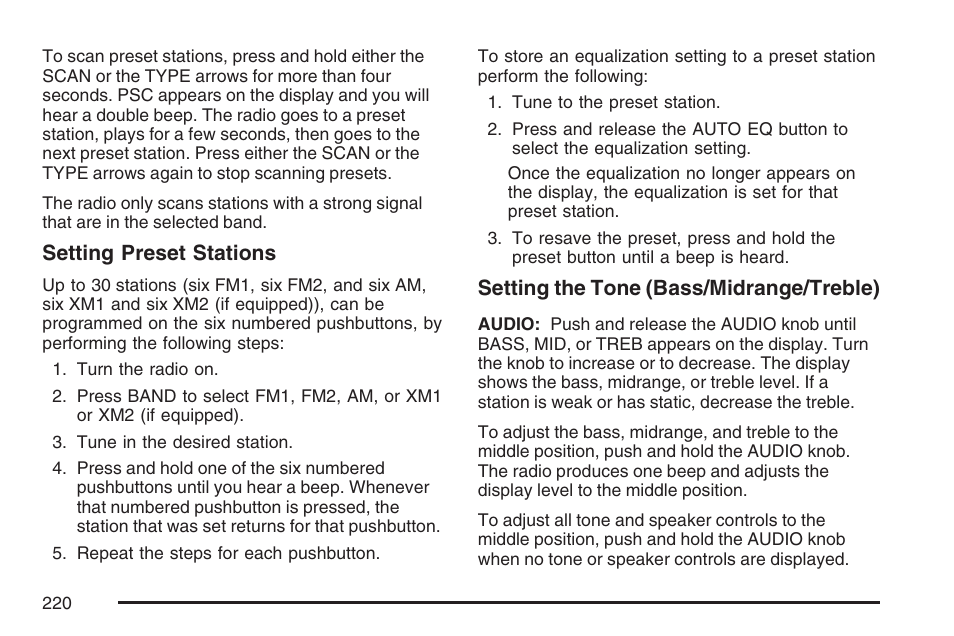 Setting preset stations, Setting the tone (bass/midrange/treble) | GMC 2007 Canyon User Manual | Page 220 / 492