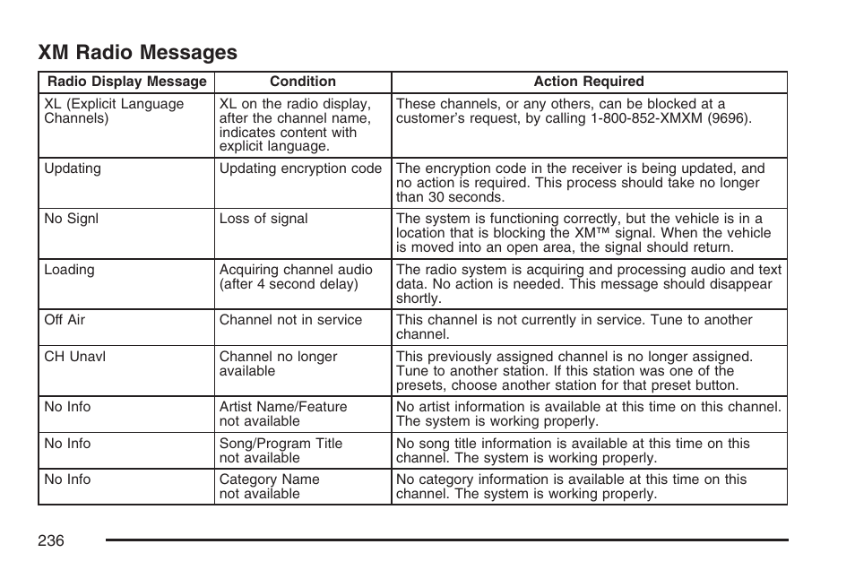 Xm radio messages | GMC 2007 Canyon User Manual | Page 236 / 492