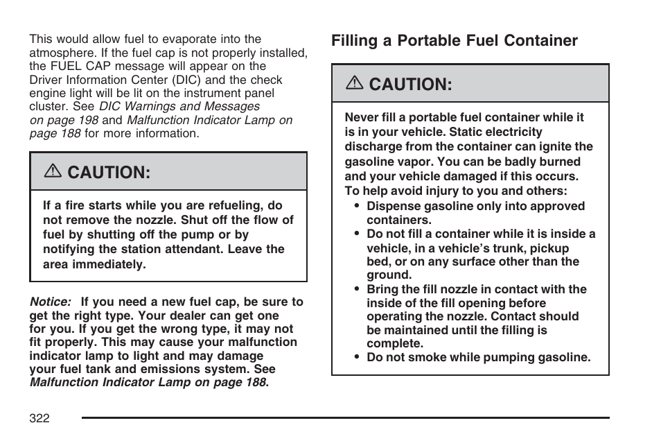 Filling a portable fuel container, Caution | GMC 2007 Canyon User Manual | Page 322 / 492