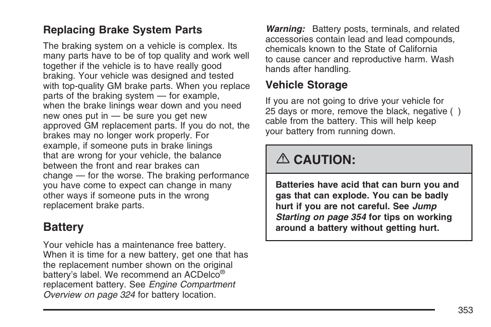Battery, Caution | GMC 2007 Canyon User Manual | Page 353 / 492