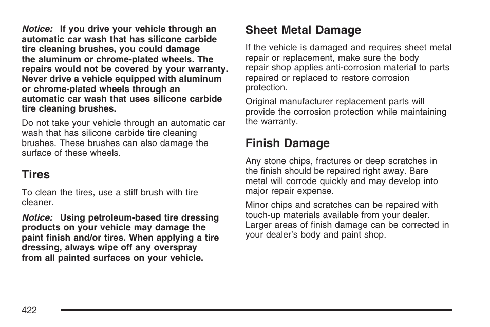 Tires, Sheet metal damage, Finish damage | Sheet metal damage finish damage | GMC 2007 Canyon User Manual | Page 422 / 492