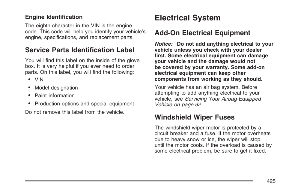 Service parts identification label, Electrical system, Add-on electrical equipment | Windshield wiper fuses, Add-on electrical equipment windshield wiper fuses | GMC 2007 Canyon User Manual | Page 425 / 492