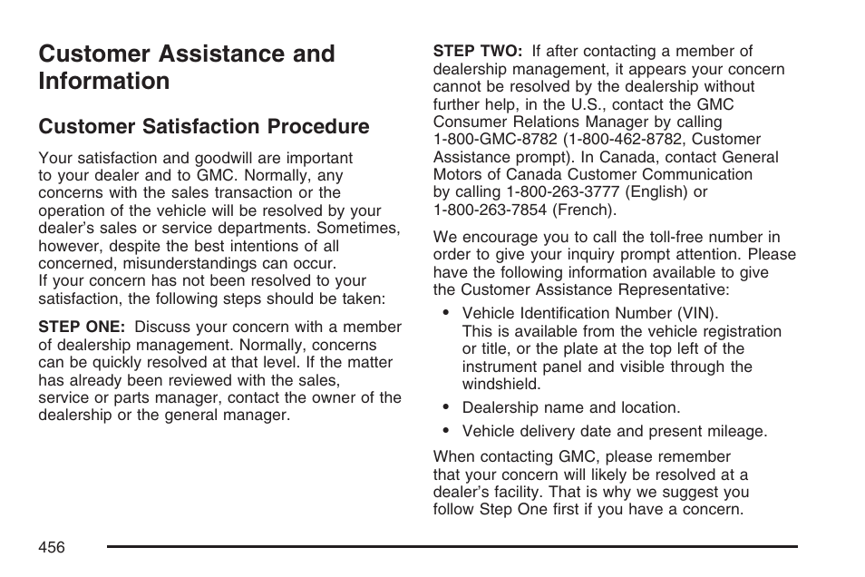 Customer assistance and information, Customer satisfaction procedure | GMC 2007 Canyon User Manual | Page 456 / 492