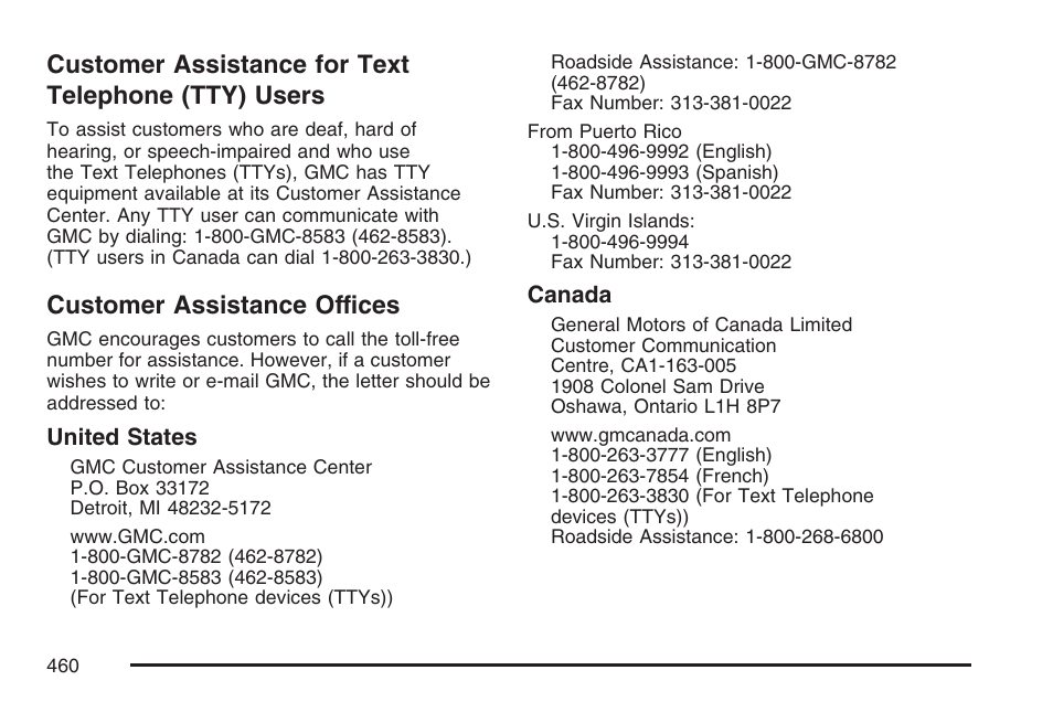 Customer assistance for text telephone (tty) users, Customer assistance offices, Customer assistance for | Text telephone (tty) users | GMC 2007 Canyon User Manual | Page 460 / 492