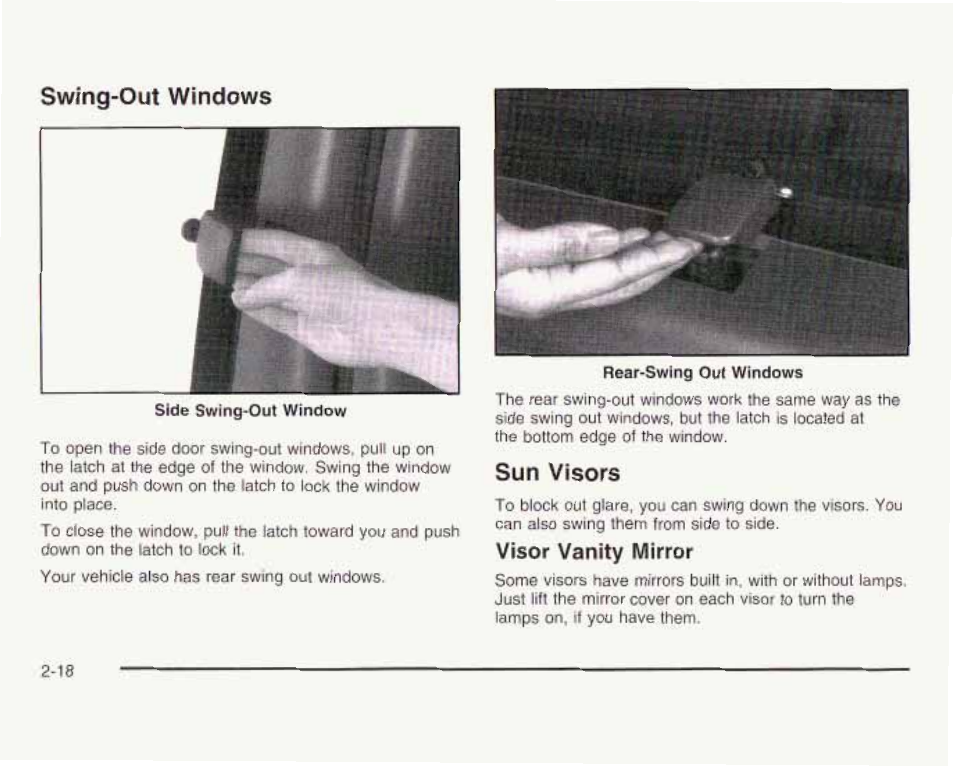 Sun visors, Visor vanity mirror, Swing-out windows | GMC 2003 Savana User Manual | Page 101 / 400