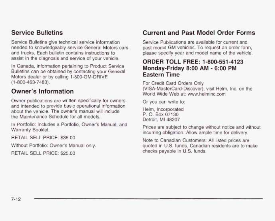 Current and past model order forms, Owner’s information | GMC 2003 Savana User Manual | Page 381 / 400
