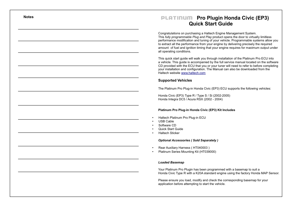 Platinum, Pro plugin honda civic (ep3), Quick start guide | Haltech HT055047 User Manual | Page 14 / 16