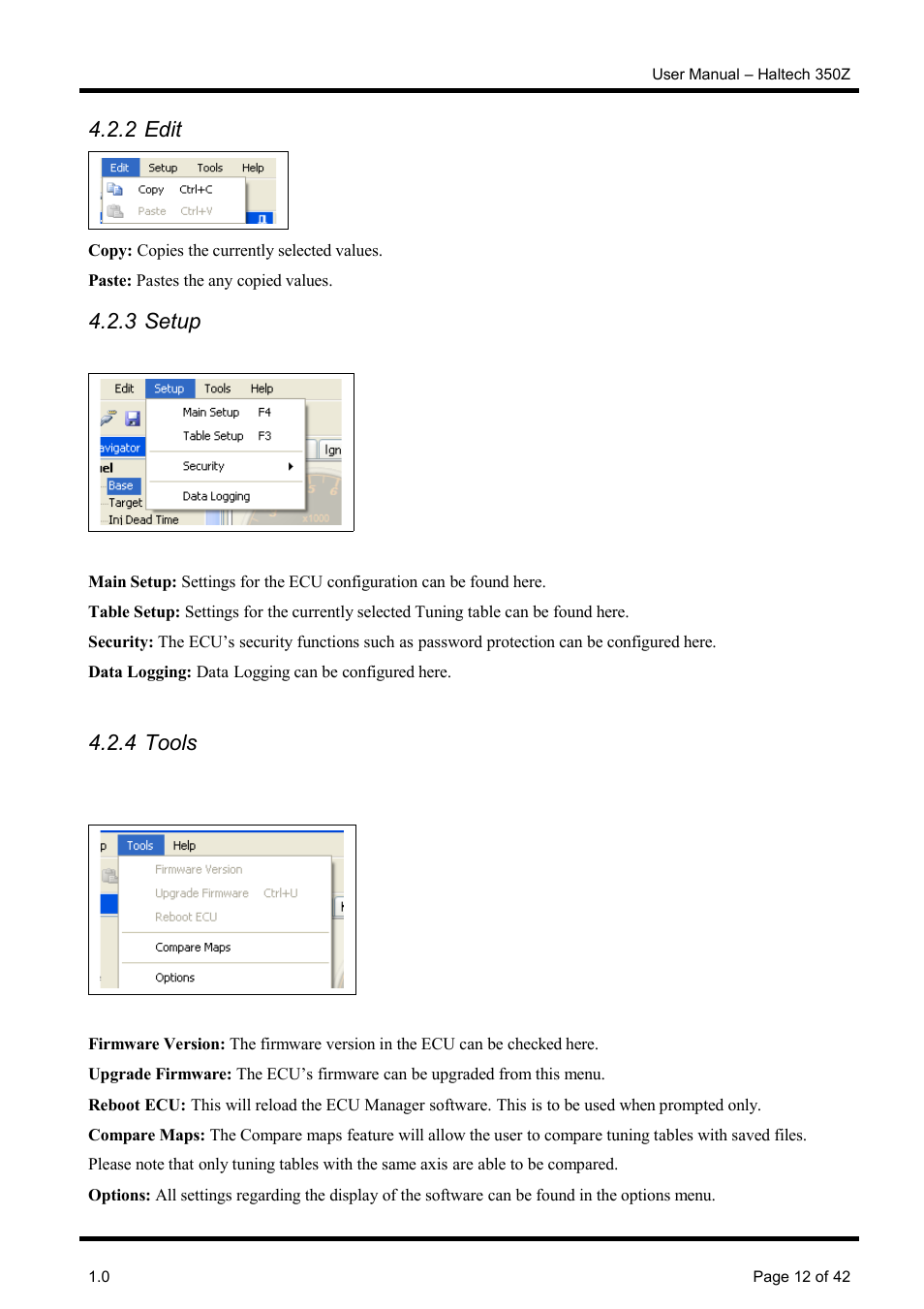 2 edit, 3 setup, 4 tools | Haltech Platinum Pro 350z User Manual | Page 12 / 42