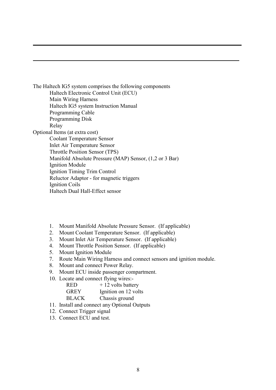 Section 1 getting started, Chapter 1 haltech ig5 installation, 1 overview | 2 installation summary, Section 1, Getting started, Chapter 1, Haltech ig5 installation, 1 overview 1.2 installation summary | Haltech IG5 User Manual | Page 12 / 89