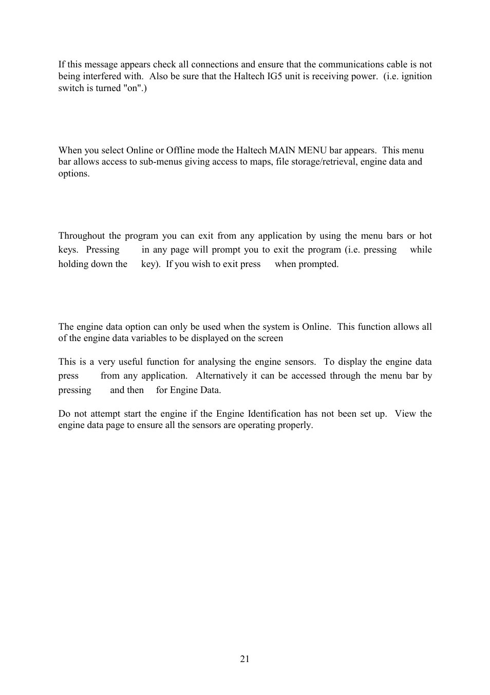 5 the main menu, 6 how to quit, 7 checking the engine data | Haltech IG5 User Manual | Page 25 / 89