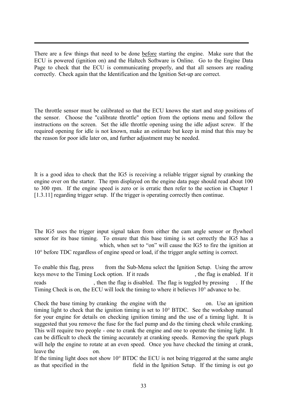 Chapter 5 starting the engine, 1 calibrate the throttle position sensor, 2 check the trigger signal | 3 check the base timing | Haltech IG5 User Manual | Page 37 / 89