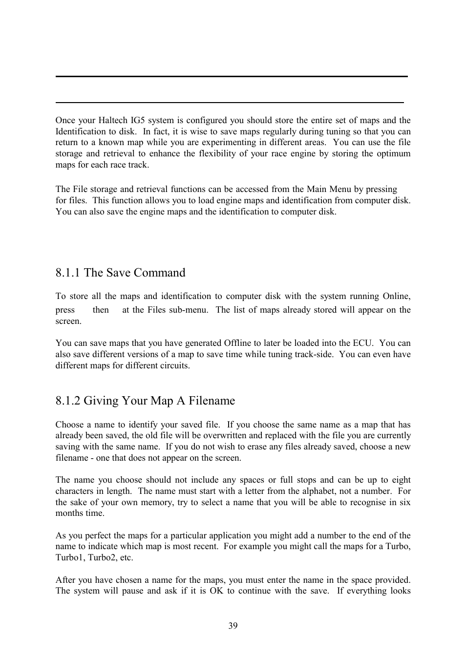 Section 3 software features, Chapter 8 file storage and retrieval, 1 saving maps and identification | 1 the save command, 2 giving your map a filename, Section 3, Software features | Haltech IG5 User Manual | Page 43 / 89