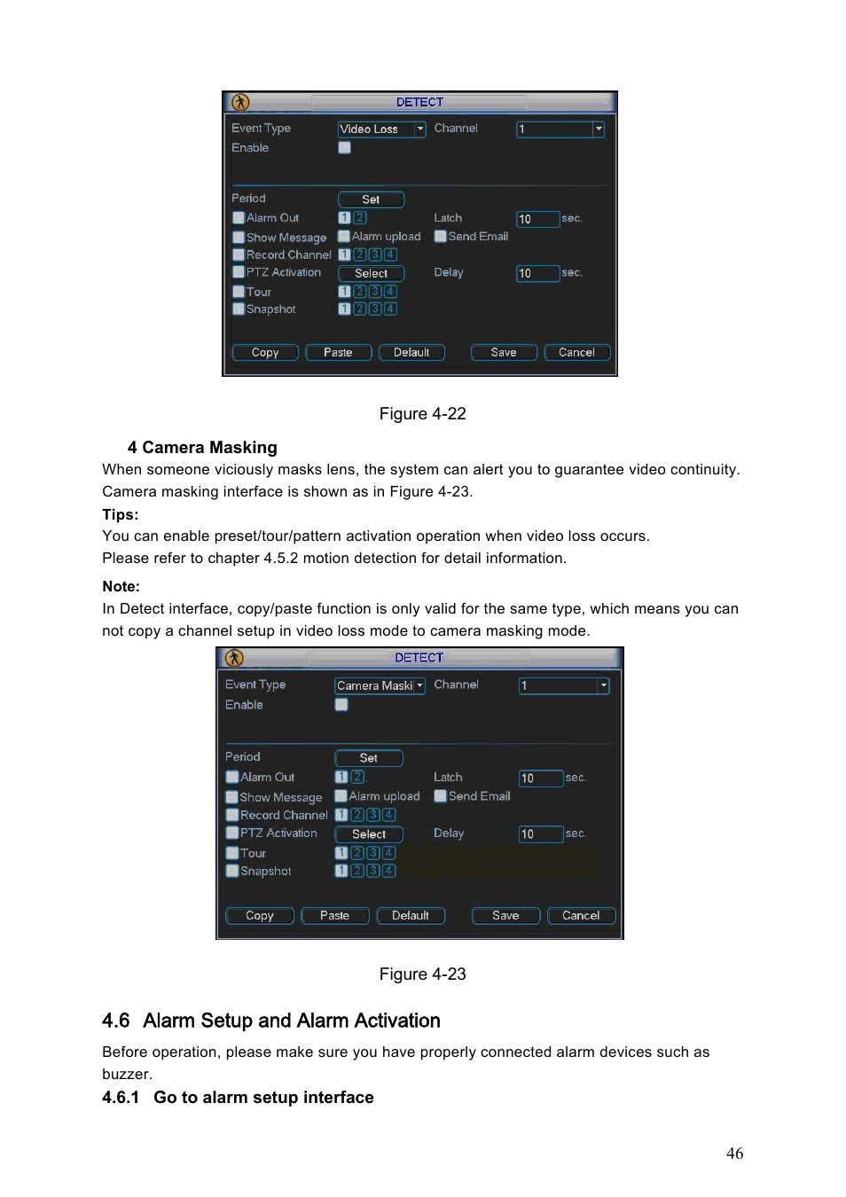 6 alarm setup and alarm activation | IC Realtime Specialty: 4-CH Mobile DVR User Manual | Page 46 / 137