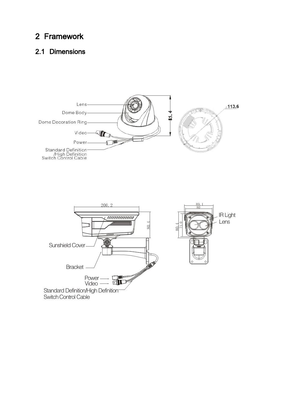 Framework, Dimensions, Avs-d2110 | Avs-b2100, Avs-b2110, 2 framework, 1 dimensions | IC Realtime 1.3 Megapixel 720P Weather-proof IR HD-AVS Camera User Manual | Page 9 / 18