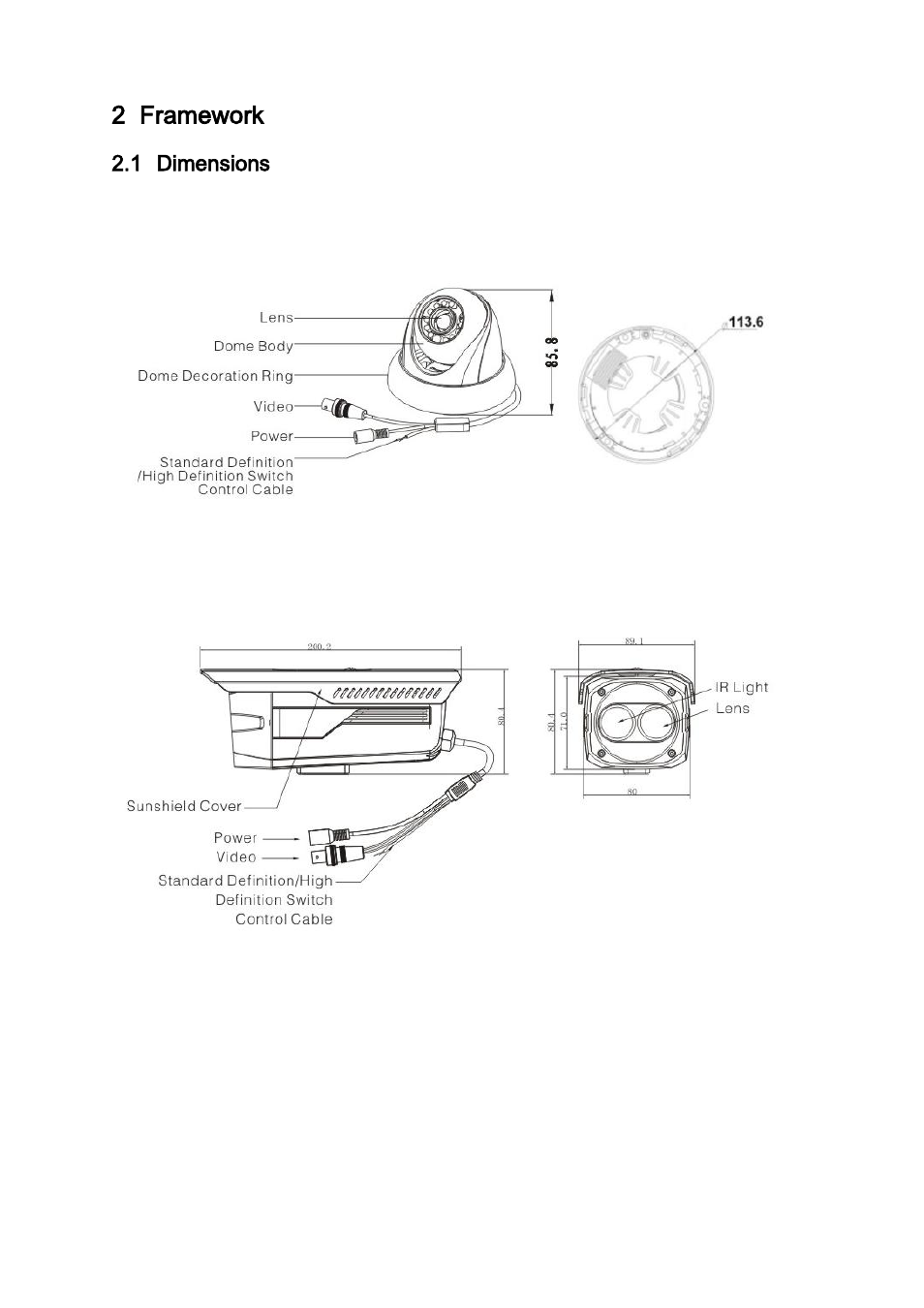 Framework, Dimensions, Avs-d2210 | Avs-b2200, Avs-b2202, 2 framework, 1 dimensions | IC Realtime 2 Megapixel 1080P Weather-proof IR HD-AVS Mini Dome Camera User Manual | Page 9 / 16