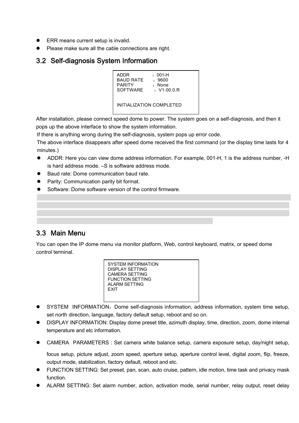 2 self-diagnosis system information, 3 main menu | IC Realtime 1080P (Full HD over coax) HD-SDI / HDcctv 20x Optical PTZ User Manual | Page 14 / 37