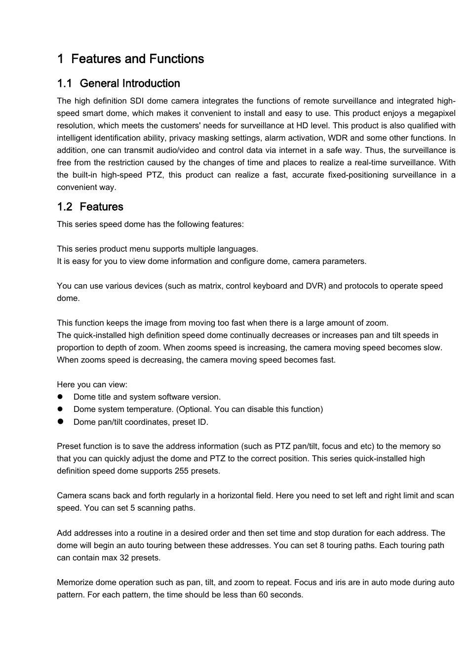 1 features and functions, 1 general introduction, 2 features | IC Realtime 1080P (Full HD over coax) HD-SDI / HDcctv 20x Optical PTZ User Manual | Page 7 / 37