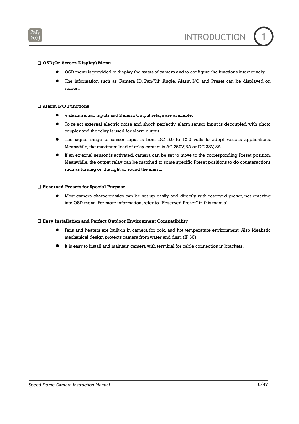 Introduction | IC Realtime 22X Optical / 10X Digital Zoom High Res Day/Night Speed Dome-24VAC (ICR2200DN) User Manual | Page 6 / 47