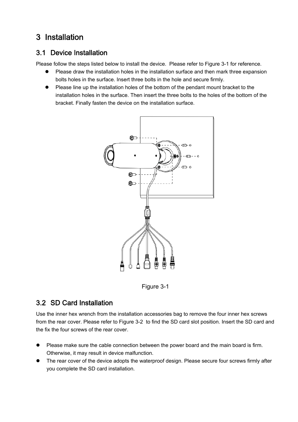 3 installation, 1 device installation, 2 sd card installation | IC Realtime 3 Megapixel Exmor CMOS 3.3-12mm VF Full HD Network IR-Bullet Camera (ICIPB3000AF) User Manual | Page 21 / 31