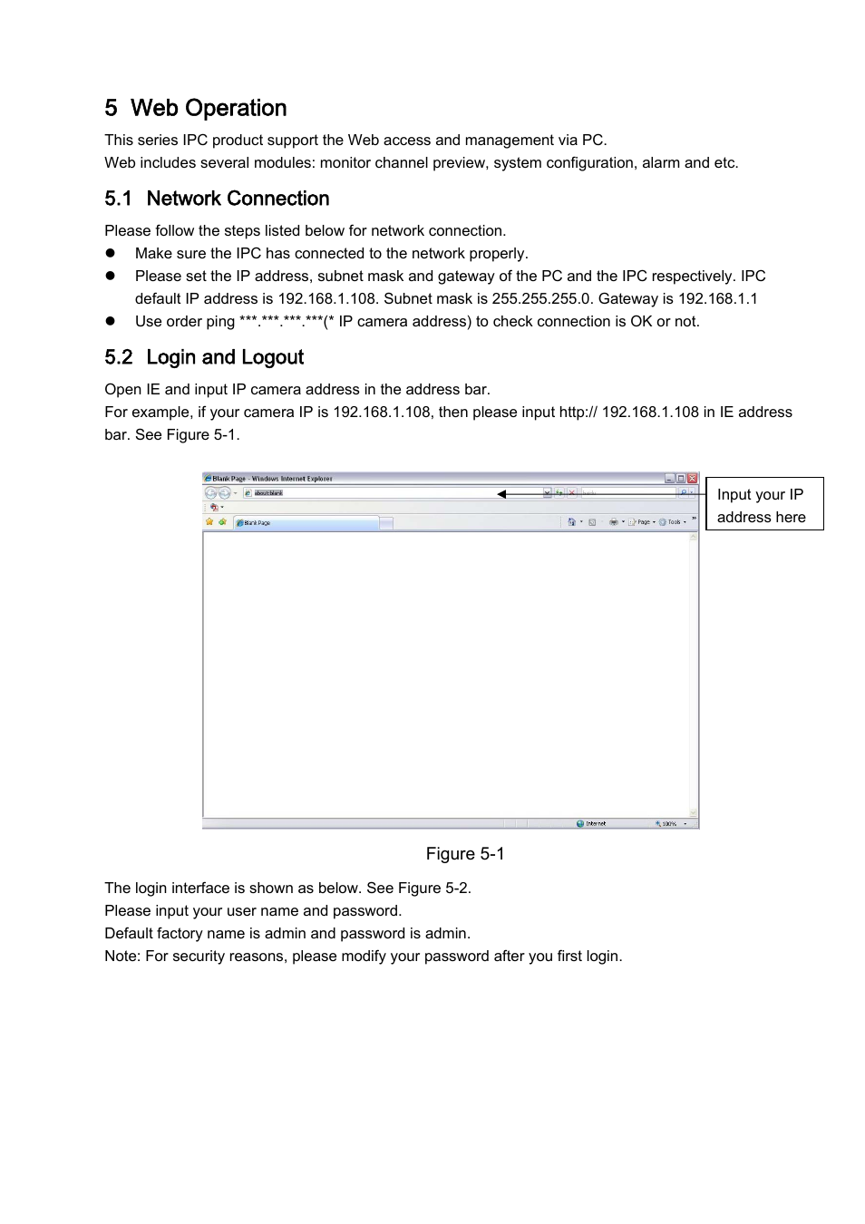 5 web operation, 1 network connection, 2 login and logout | IC Realtime 3 Megapixel Exmor CMOS 3.3-12mm VF Full HD Network IR-Bullet Camera (ICIPB3000AF) User Manual | Page 27 / 31
