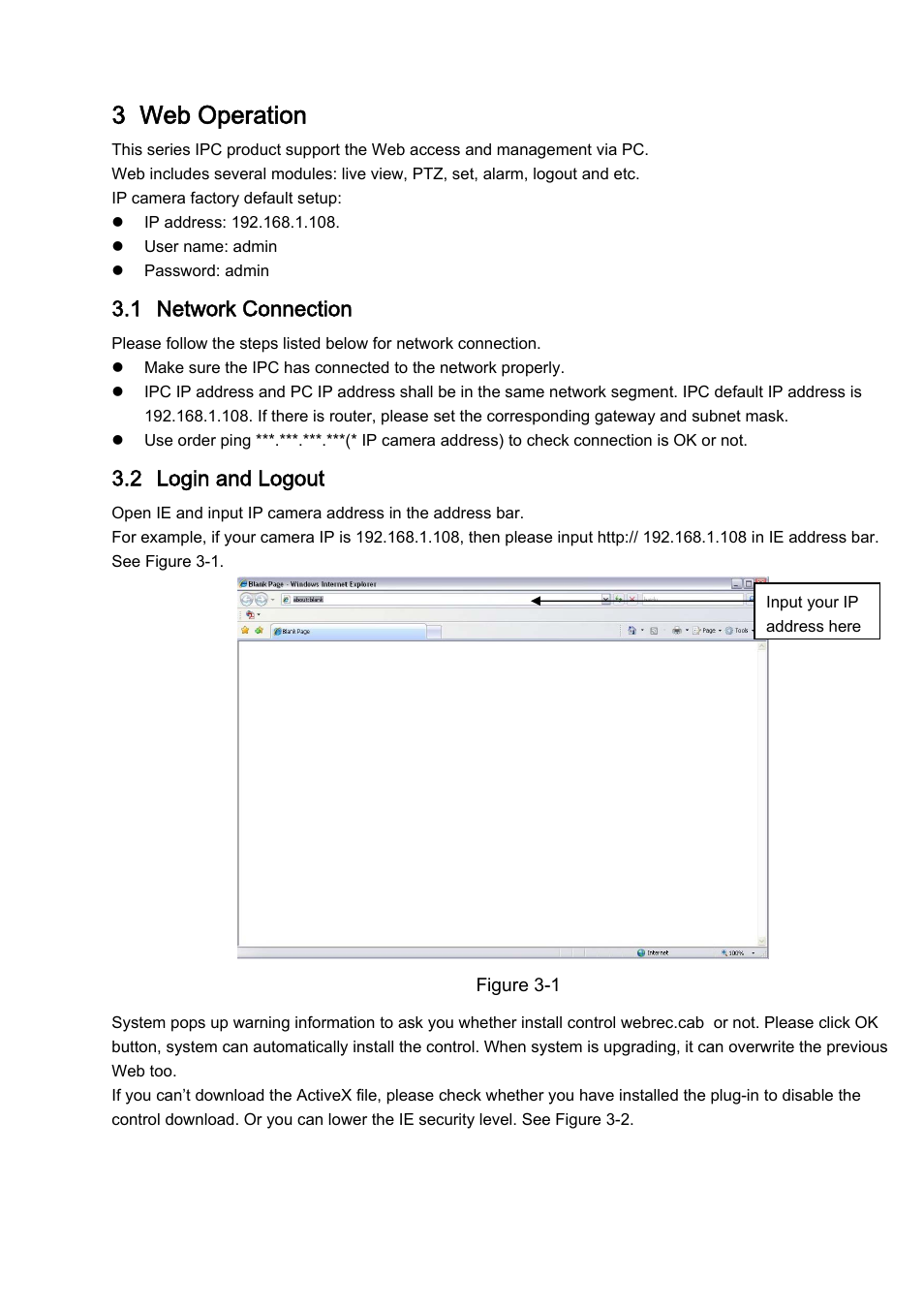 3 web operation, 1 network connection, 2 login and logout | IC Realtime 2Mp 30x Optical Zoom Full HD Network PTZ Dome Camera with 300ft IR (ICIP3001HDIR) User Manual | Page 12 / 37