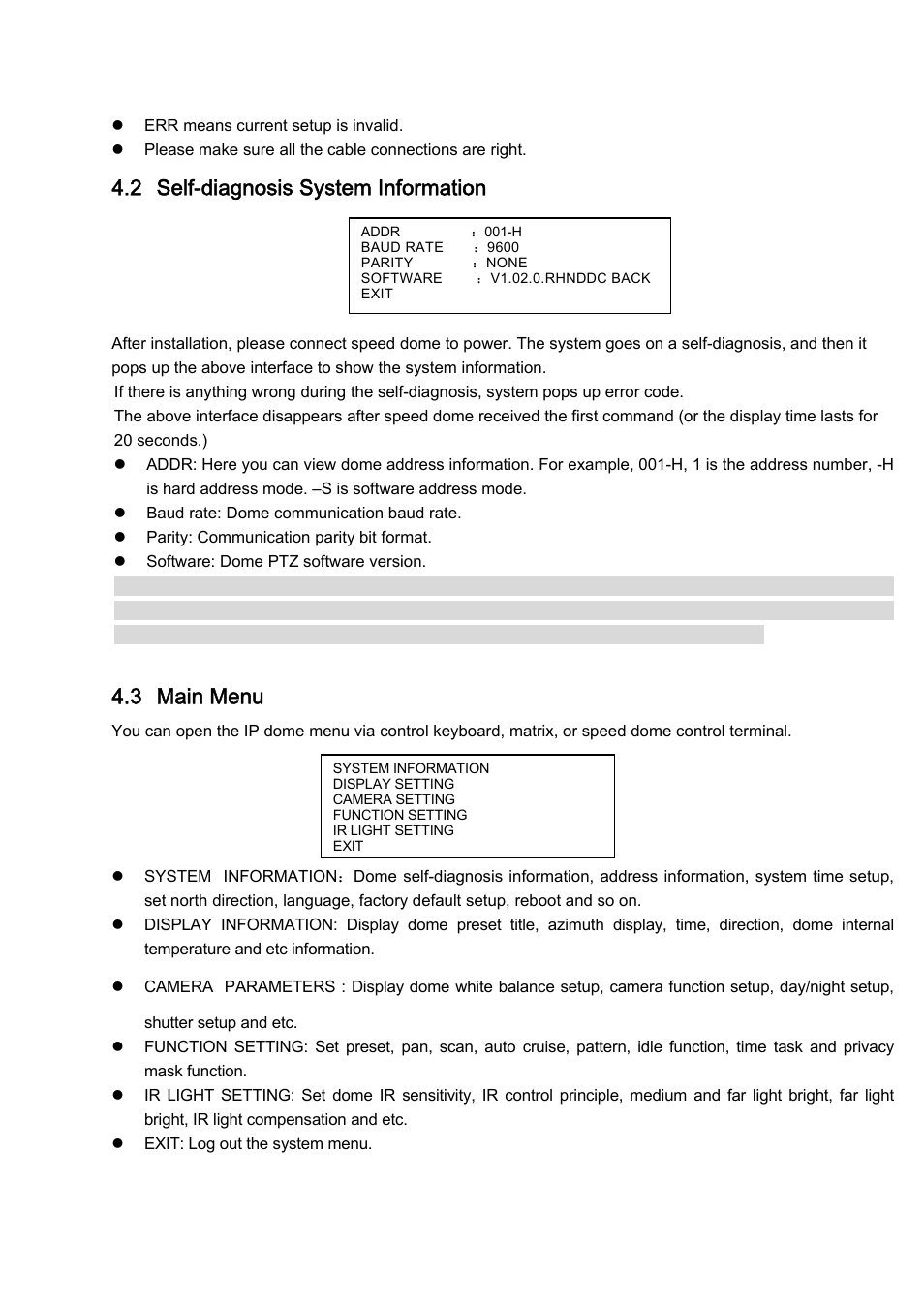 2 self-diagnosis system information, 3 main menu | IC Realtime 2Mp 30x Optical Zoom Full HD Network PTZ Dome Camera with 300ft IR (ICIP3001HDIR) User Manual | Page 16 / 37