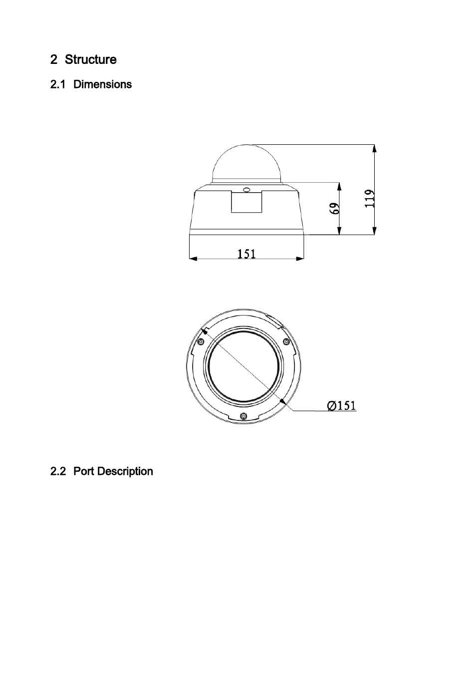 Structure, Dimensions, Port description | 2 structure, 1 dimensions, 2 port description | IC Realtime 1. 3Megapixel 2.8-12mm VF D-WDR HD Vandal-proof IR Network Dome Camera (ICIPD1300VIR) User Manual | Page 17 / 38