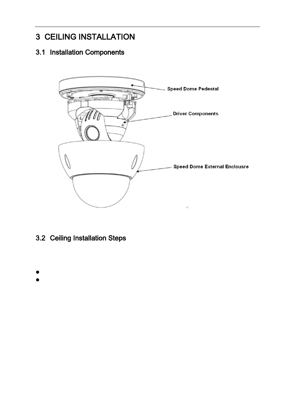 Ceiling installation, Installation components, Ceiling installation steps | Installation requirements, Installation steps, 3 ceiling installation, 1 installation components, 2 ceiling installation steps | IC Realtime 2Mp Full HD 3x Network PTZ Dome Camera (ICIPP2000M4) User Manual | Page 11 / 20