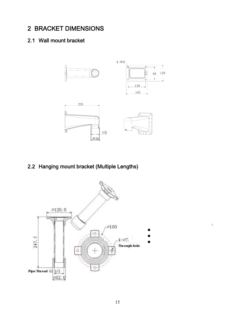 2 bracket dimensions, 1 wall mount bracket, 2 hanging mount bracket (multiple lengths) | IC Realtime 3Mp Full HD Network PTZ Dome Camera (ICIPP3020HD) User Manual | Page 15 / 29