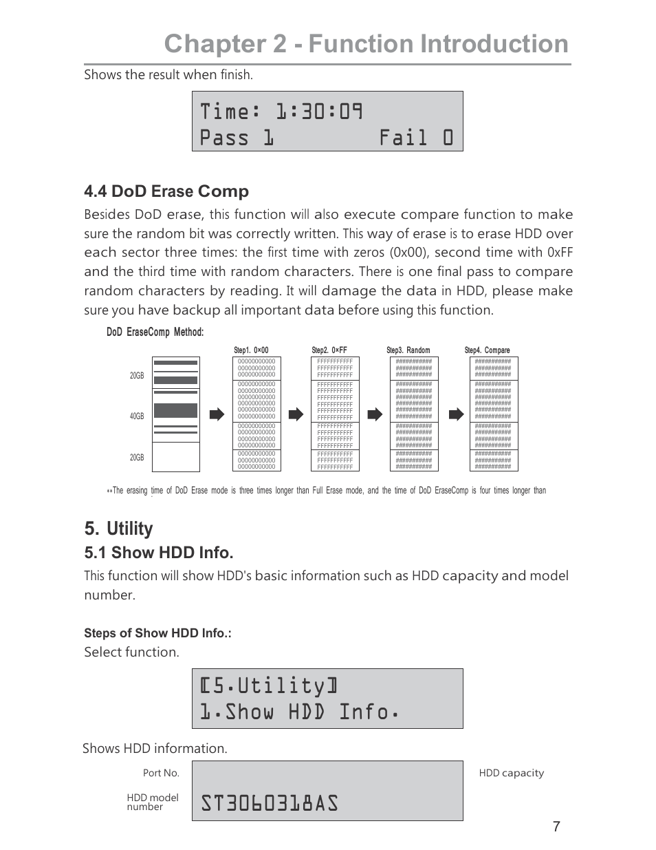 Chapter 2 - function introduction, Utility] 1.show hdd info, Utility | 4 dod erase comp, 1 show hdd info | ILY HDD Duplicator User Manual | Page 7 / 13
