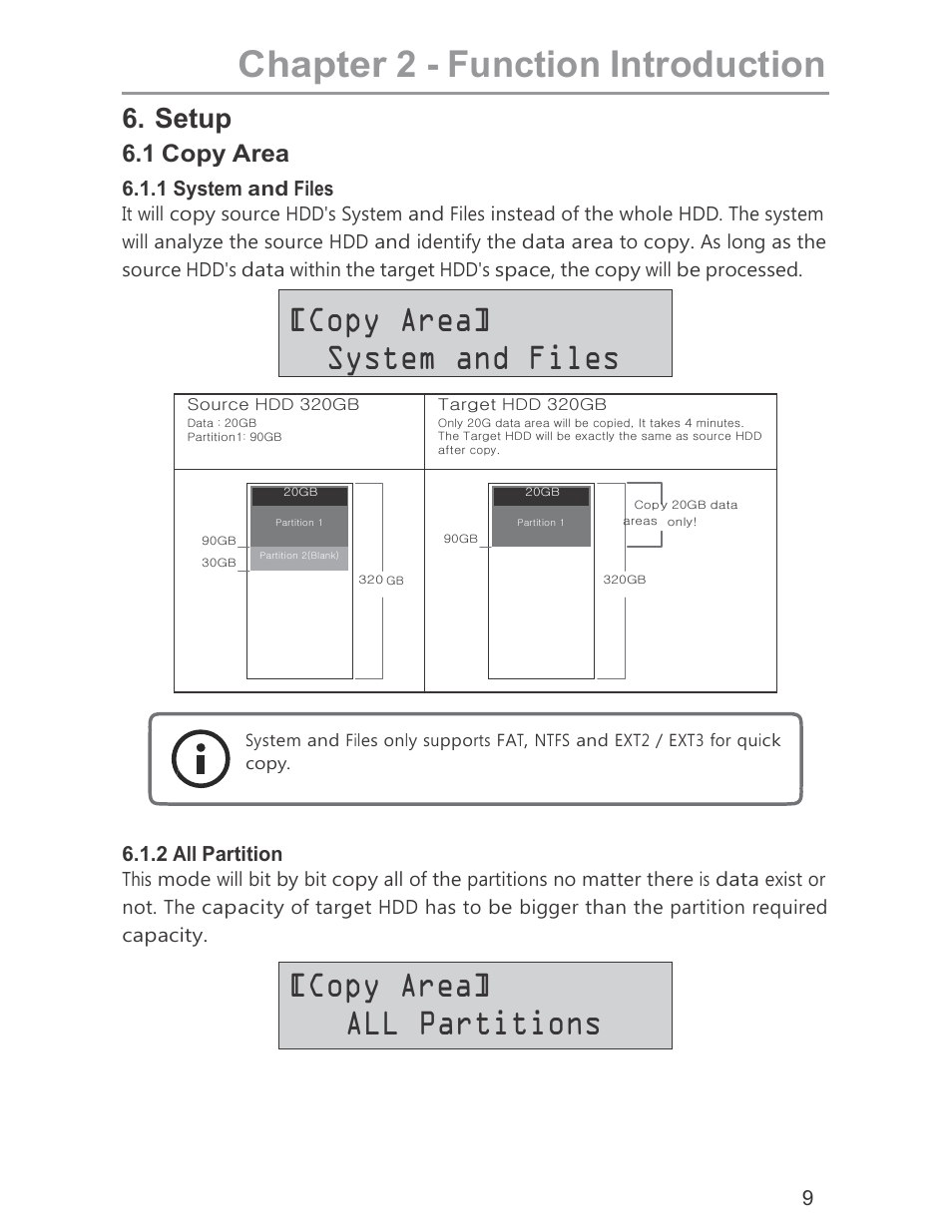 Chapter 2 - function introduction, Copy area] all partitions, Copy area] system and files | Setup, 1 copy area | ILY HDD Duplicator User Manual | Page 9 / 13