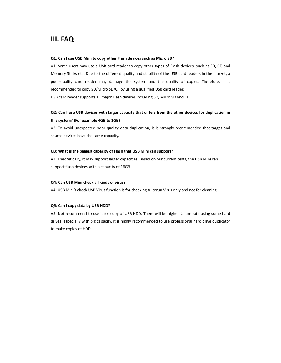 Iii. faq | ILY USB Mini Portable USB Duplicator User Manual | Page 11 / 12