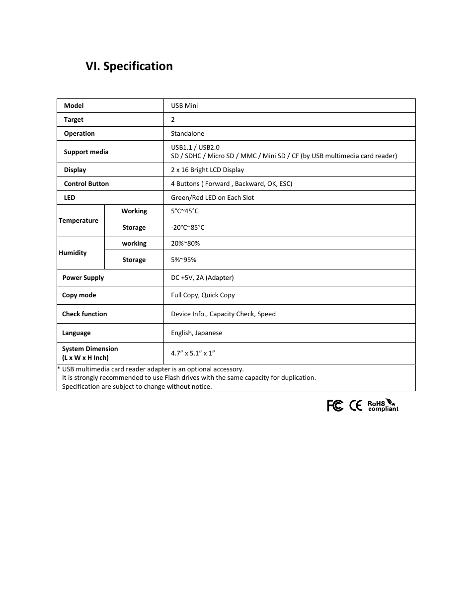 Vi. specification | ILY USB Mini Portable USB Duplicator User Manual | Page 12 / 12