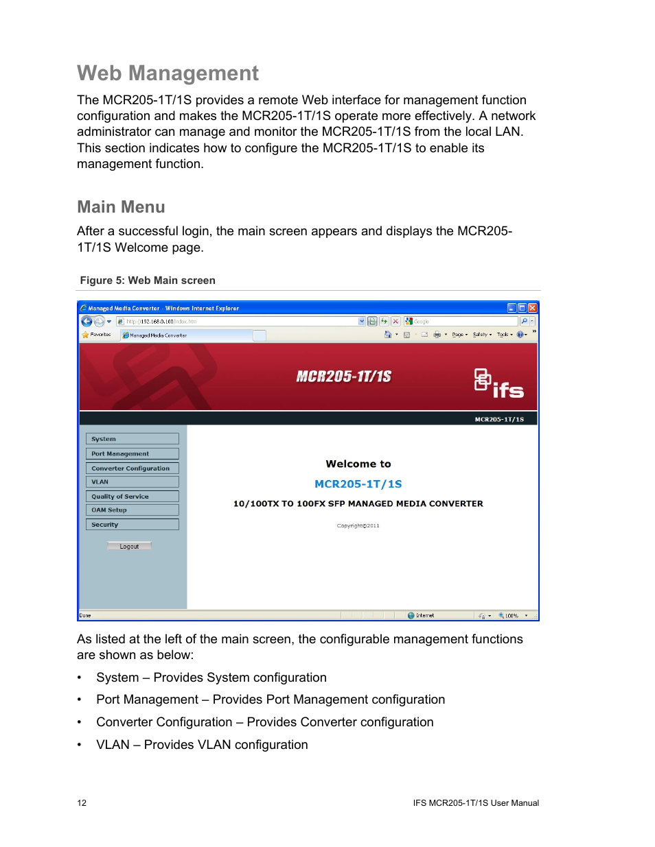 Web management, Main menu, Web management 12 | Interlogix MCR205-1T/1S User Manual User Manual | Page 18 / 62