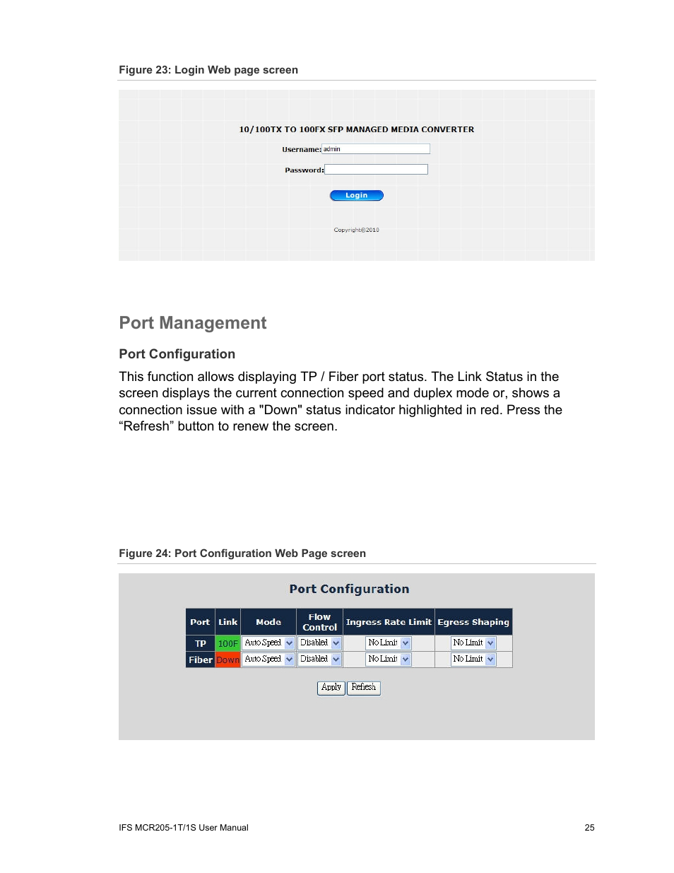 Port management, Port configuration, Port management 25 | Interlogix MCR205-1T/1S User Manual User Manual | Page 31 / 62