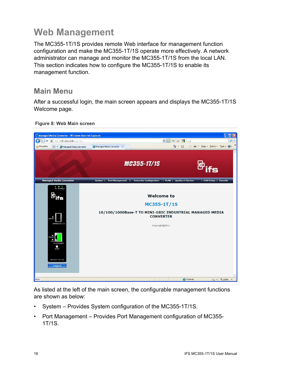 Web management, Main menu, Web management 16 | Interlogix MC355-1T/1S User Manual User Manual | Page 20 / 64