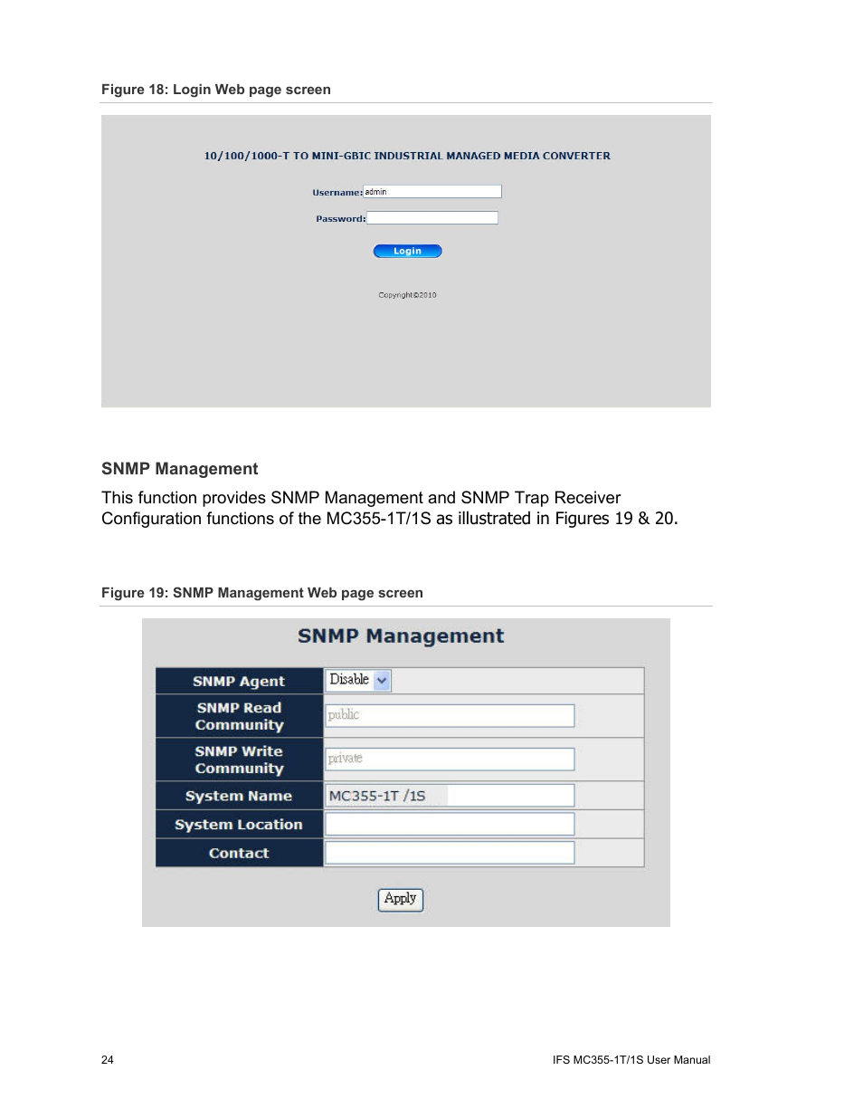 Snmp management | Interlogix MC355-1T/1S User Manual User Manual | Page 28 / 64