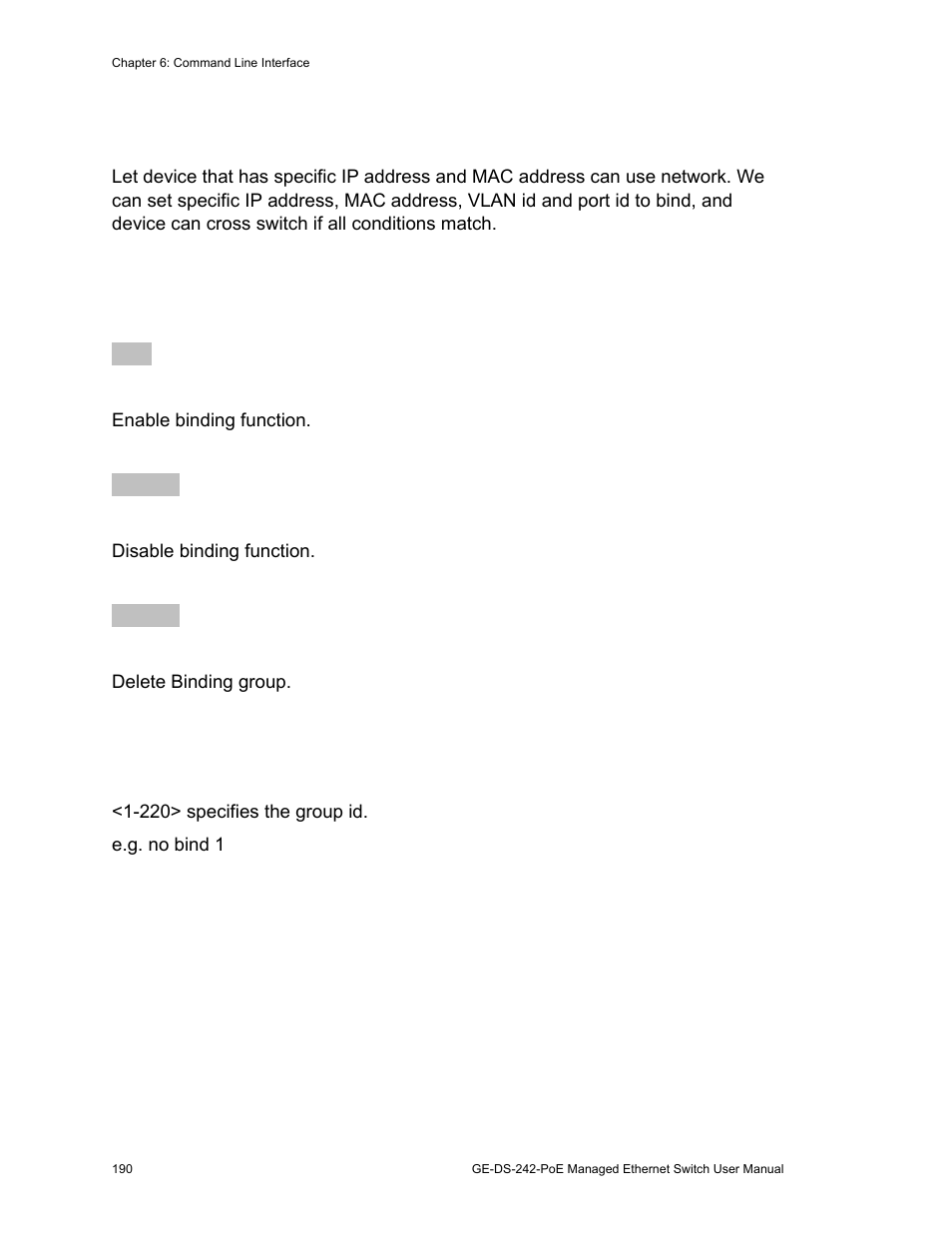 Binding 190, Binding, Sip/smac binding commands | Interlogix GE-DS-242-PoE User Manual | Page 194 / 218