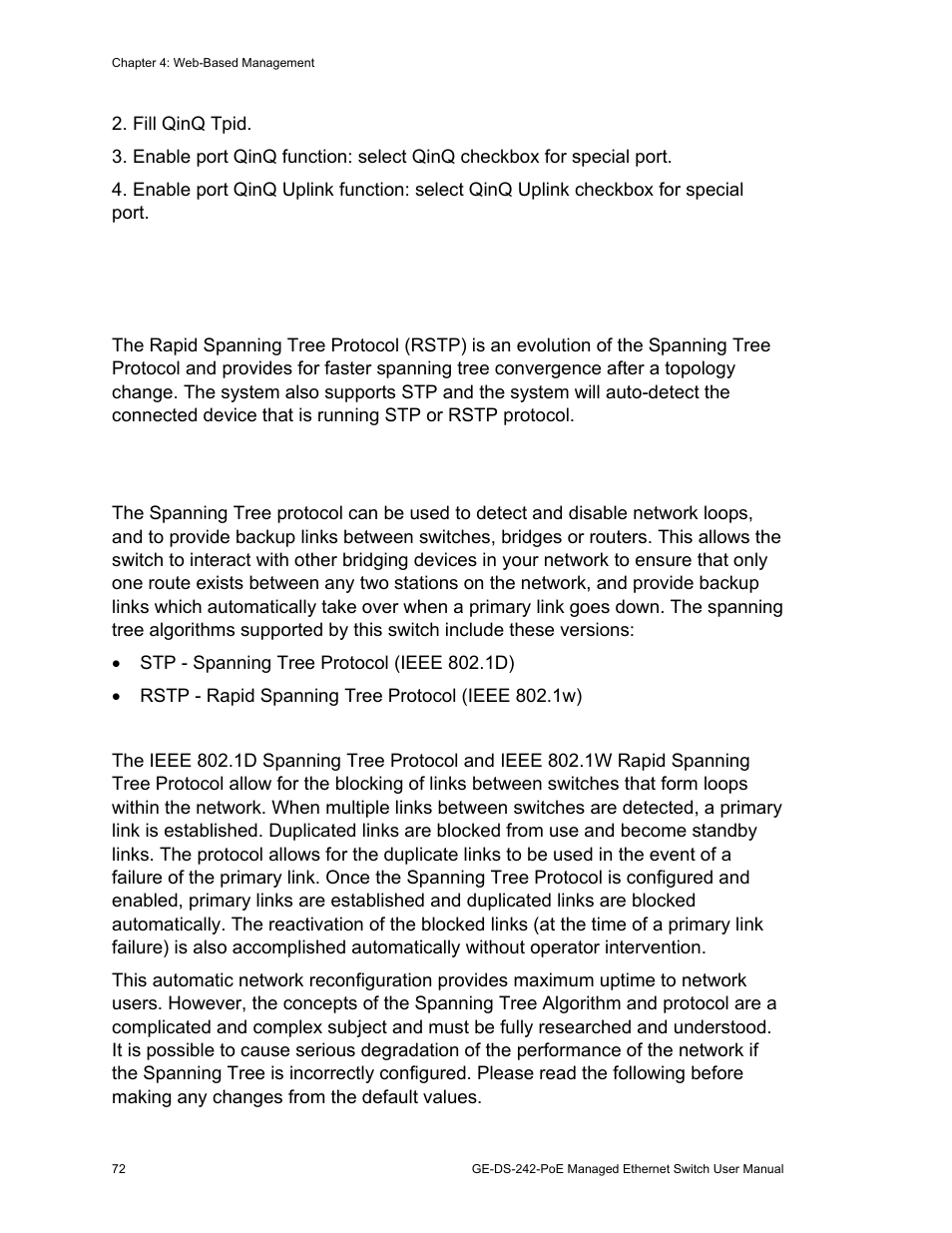 Rapid spanning tree 72, Rapid spanning tree, Theory | Interlogix GE-DS-242-PoE User Manual | Page 76 / 218