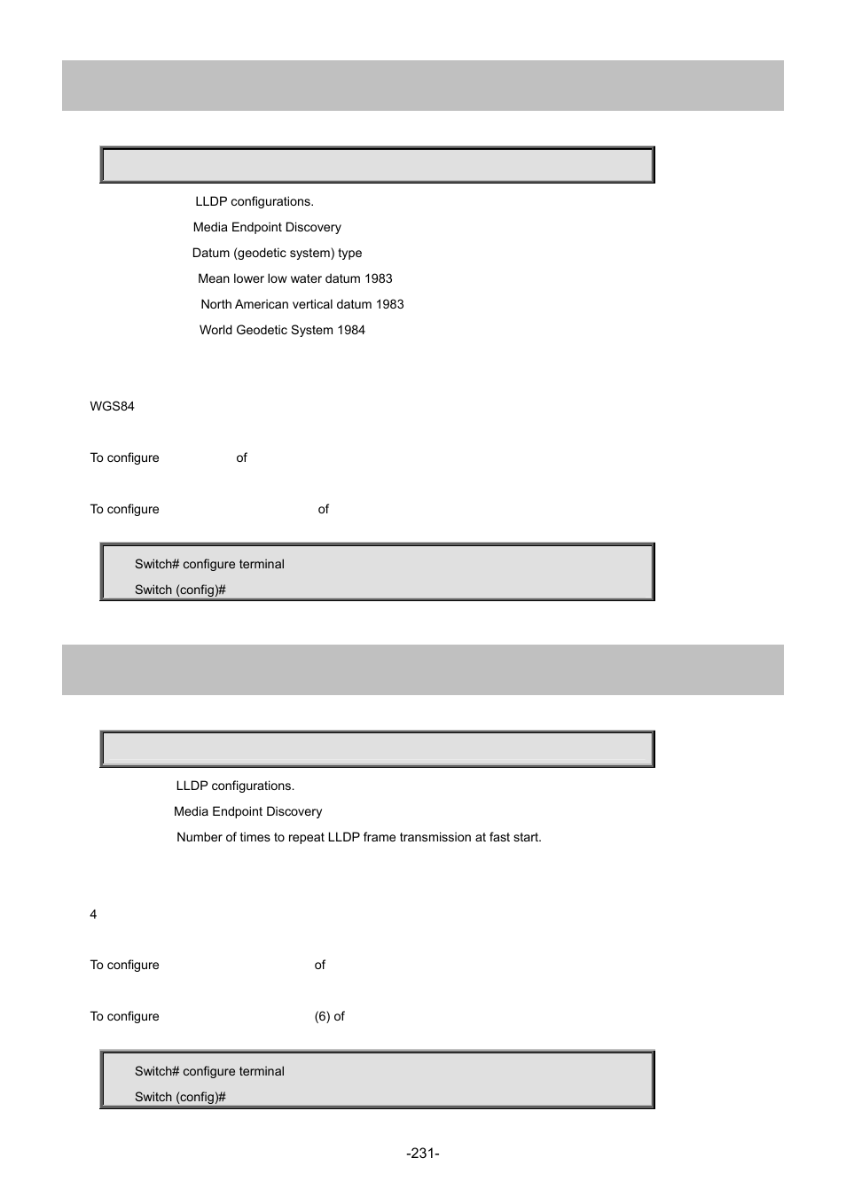 105 lldp med datum, 106 lldp med fast | Interlogix NS4702-24P-4S-4X Command Line Guide User Manual | Page 231 / 434