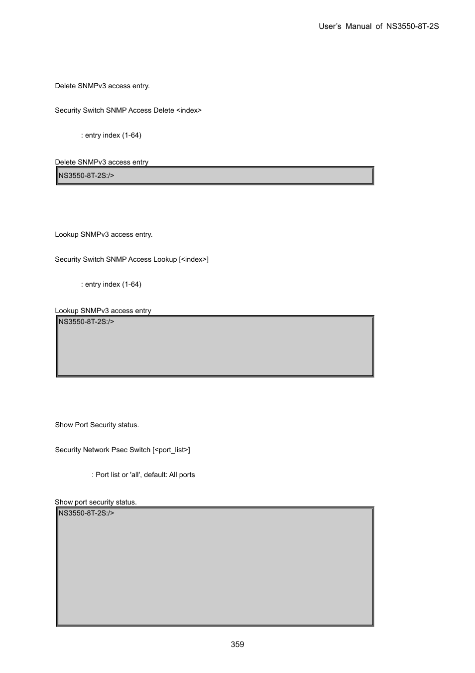 Security switch snmp access delete, Security switch snmp access lookup, Security network psec switch | Interlogix NS3550-8T-2S User Manual User Manual | Page 359 / 495
