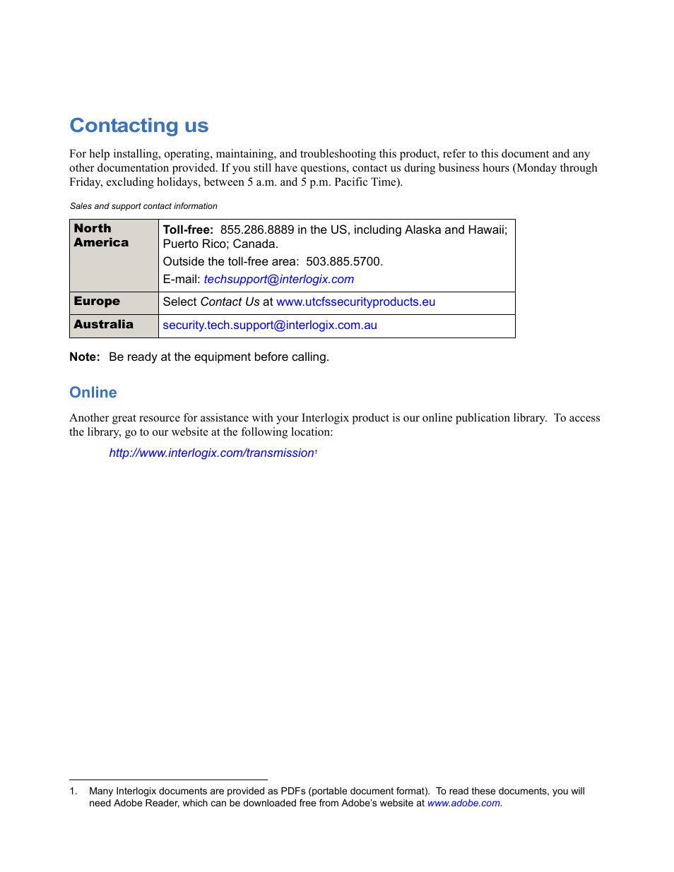 Contacting us, Online | Interlogix VR1100CC Series User Manual | Page 5 / 7